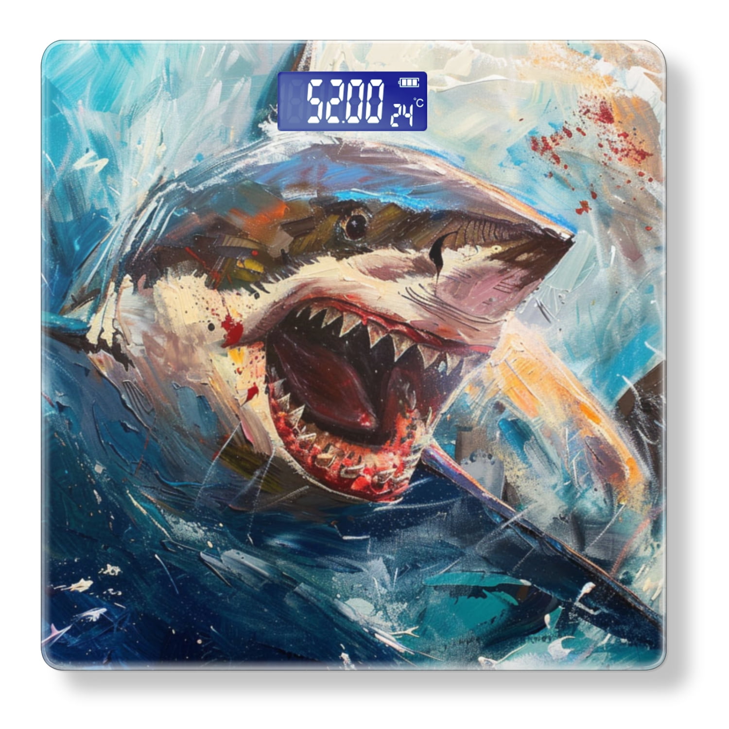High Precision Body Weight Scale Smart Bathroom Scales with Large LCD Display(400lbs),Decorative for Bedroom-Oil Painting Of Great White Shark With Open Mouth And Bared Teeth