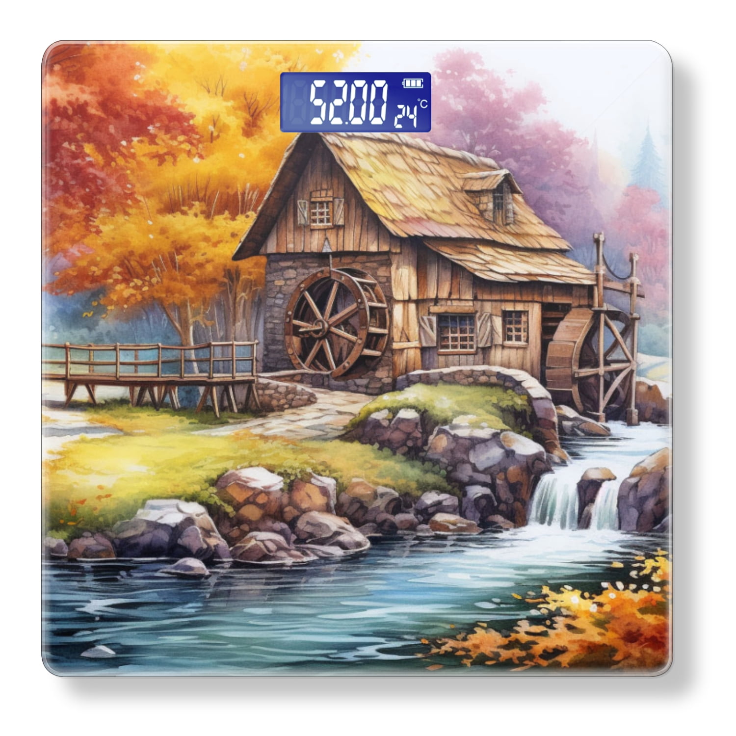 High Precision Body Weight Scale Smart Bathroom Scales with Large LCD Display(400lbs),Decorative for Bedroom-Old Wooden Mill With Water Wheel By The River In Autumn