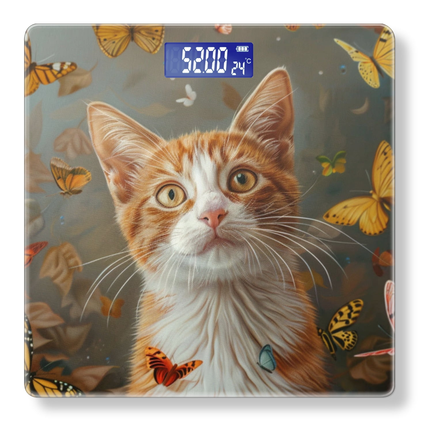 High Precision Body Weight Scale Smart Bathroom Scales with Large LCD Display(400lbs),Decorative for Bedroom-Orange And White Cat Surrounded By Butterflies