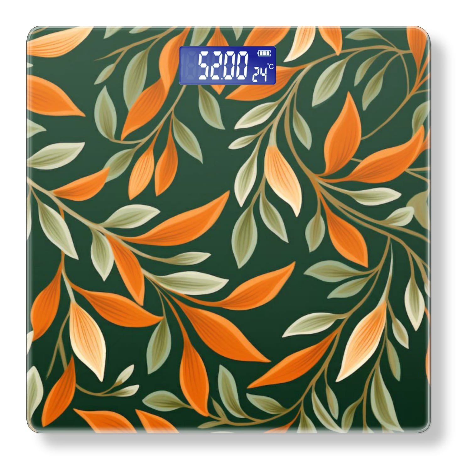 High Precision Body Weight Scale Smart Bathroom Scales with Large LCD Display(400lbs),Decorative for Bedroom-Pattern Of Green And Orange Leaves On Dark Green Background