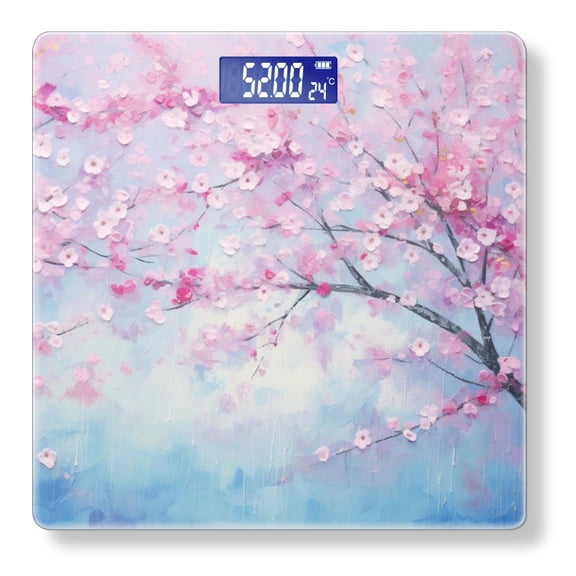 High Precision Body Weight Scale Smart Bathroom Scales with Large LCD Display(400lbs),Decorative for Bedroom-Pink Cherry Blossom Tree With Light Blue Sky
