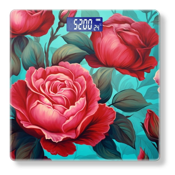 High Precision Body Weight Scale Smart Bathroom Scales with Large LCD Display(400lbs),Decorative for Bedroom-Pink And Red Roses On Turquoise Background