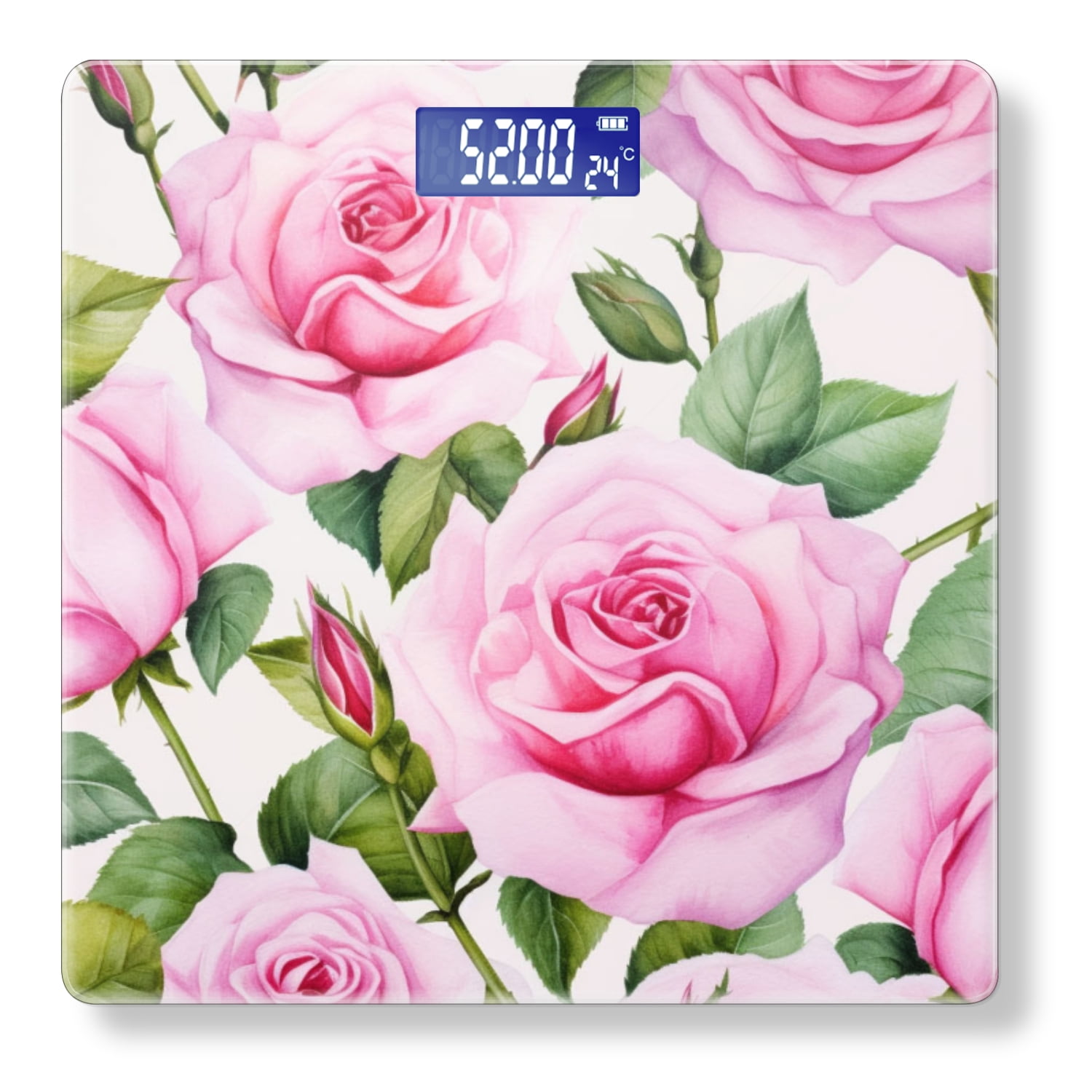 High Precision Body Weight Scale Smart Bathroom Scales with Large LCD Display(400lbs),Decorative for Bedroom-Pink Rose Flowers And Green Leaves With White Background
