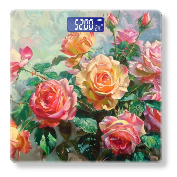 High Precision Body Weight Scale Smart Bathroom Scales with Large LCD Display(400lbs),Decorative for Bedroom-Pink And Yellow Roses In The Style Of Lkhulot