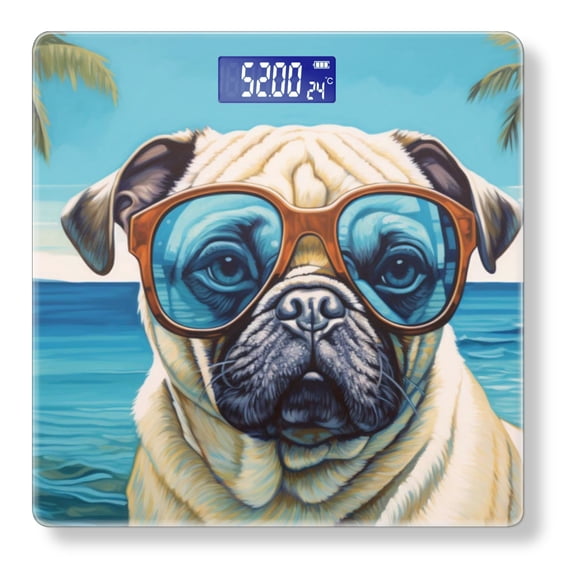 High Precision Body Weight Scale Smart Bathroom Scales with Large LCD Display(400lbs),Decorative for Bedroom-Pug Dog Wearing Glasses, With Palm Trees In The Background