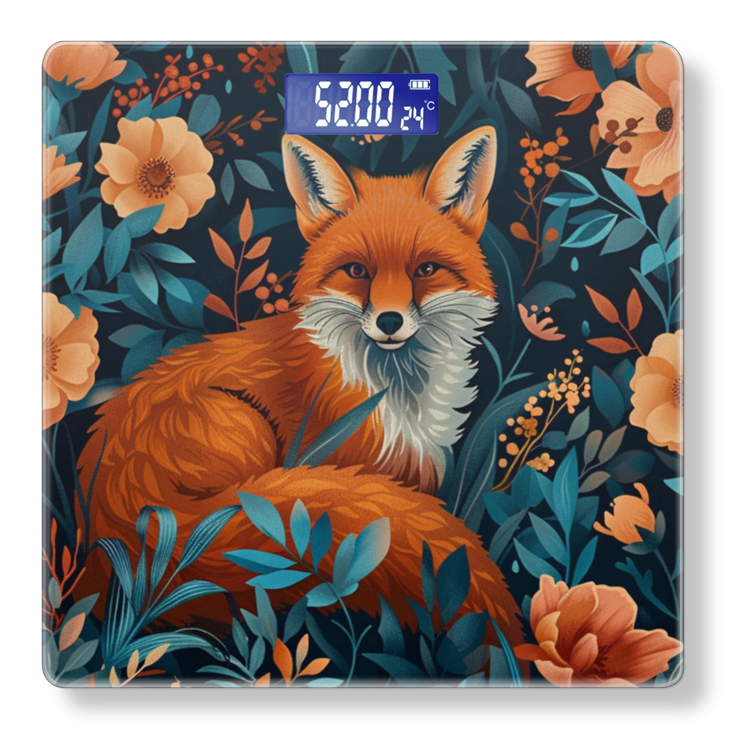 High Precision Body Weight Scale Smart Bathroom Scales with Large LCD Display(400lbs),Decorative for Bedroom-Red Fox Surrounded By Orange And Teal Flowers