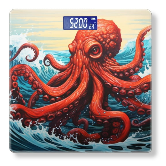 High Precision Body Weight Scale Smart Bathroom Scales with Large LCD Display(400lbs),Decorative for Bedroom-Red Octopus With Giant Waves In The Background
