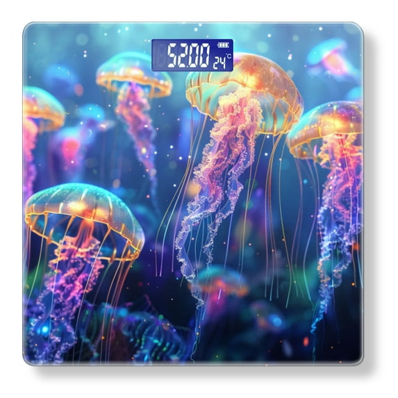 High Precision Body Weight Scale Smart Bathroom Scales with Large LCD Display(400lbs),Decorative for Bedroom-Rendering Of Glowing Jellyfish With Neon Colors