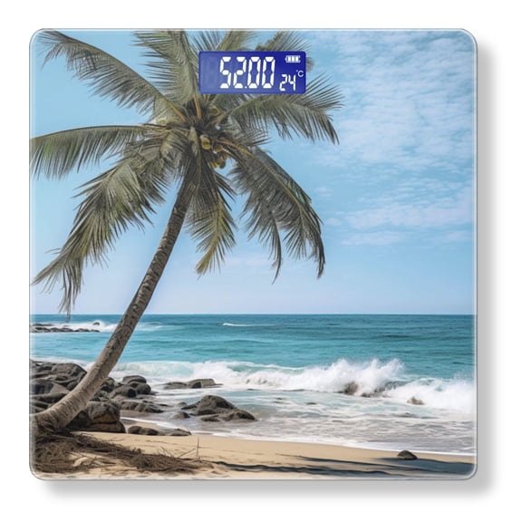 High Precision Body Weight Scale Smart Bathroom Scales with Large LCD Display(400lbs),Decorative for Bedroom-Rendering Of Palm Tree On Beach With Blue Sky And Ocean Waves