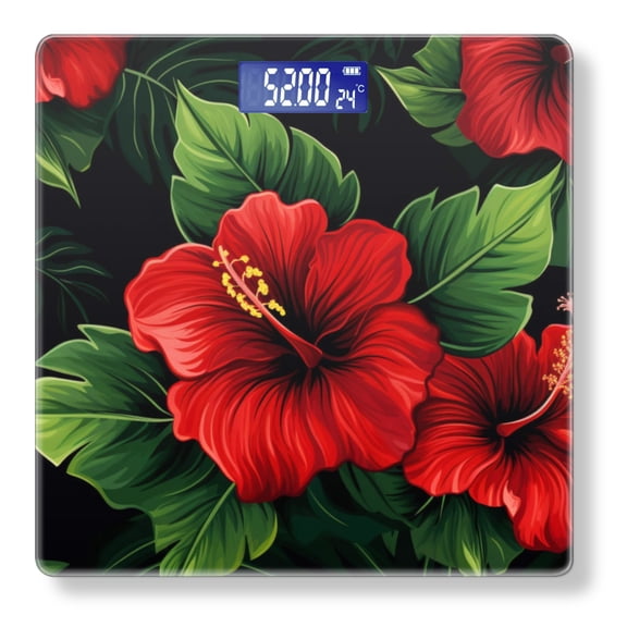 High Precision Body Weight Scale Smart Bathroom Scales with Large LCD Display(400lbs),Decorative for Bedroom-Seamless Pattern Of Red Hibiscus Flowers With Green Leaves