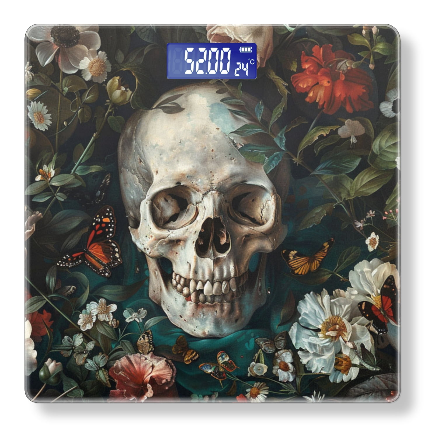 High Precision Body Weight Scale Smart Bathroom Scales with Large LCD Display(400lbs),Decorative for Bedroom-Skull Surrounded By Flowers And Butterflies (3)