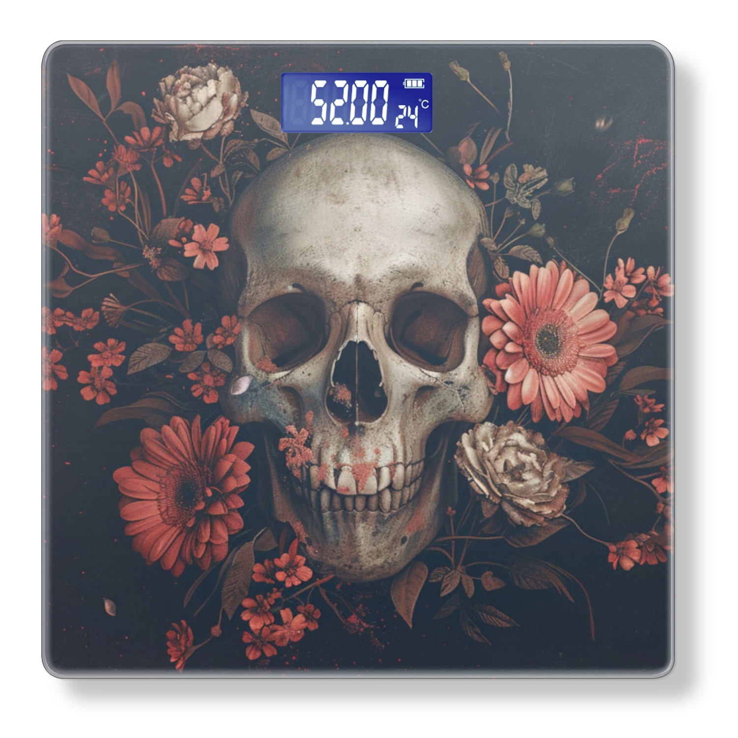 High Precision Body Weight Scale Smart Bathroom Scales with Large LCD Display(400lbs),Decorative for Bedroom-Skull Surrounded By Flowers Dark Background