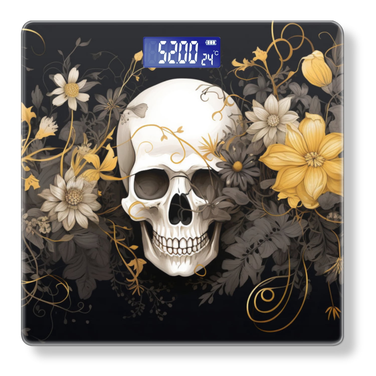High Precision Body Weight Scale Smart Bathroom Scales with Large LCD Display(400lbs),Decorative for Bedroom-Skull Surrounded By Yellow And White Flowers