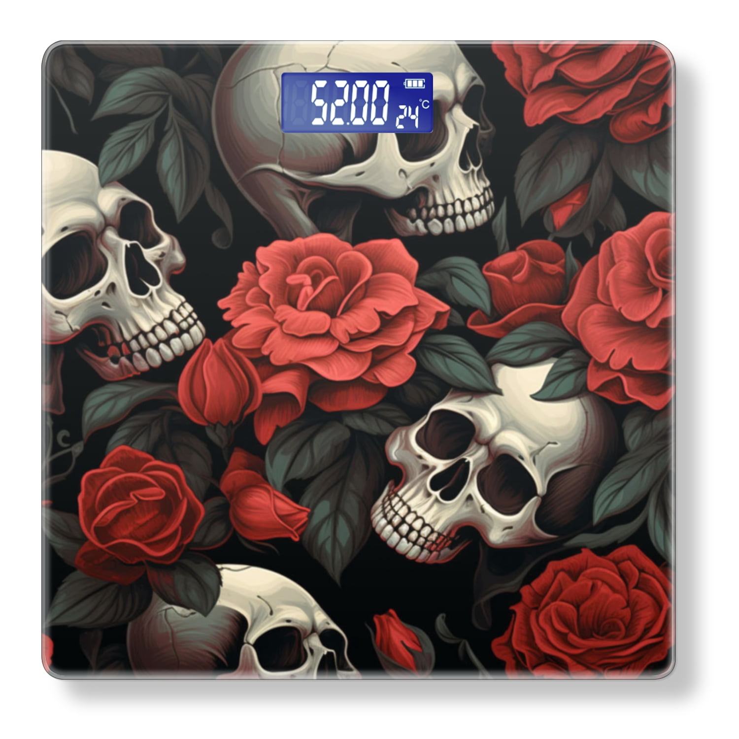 High Precision Body Weight Scale Smart Bathroom Scales with Large LCD Display(400lbs),Decorative for Bedroom-Skulls And Red Roses In The Style Of Vector Art