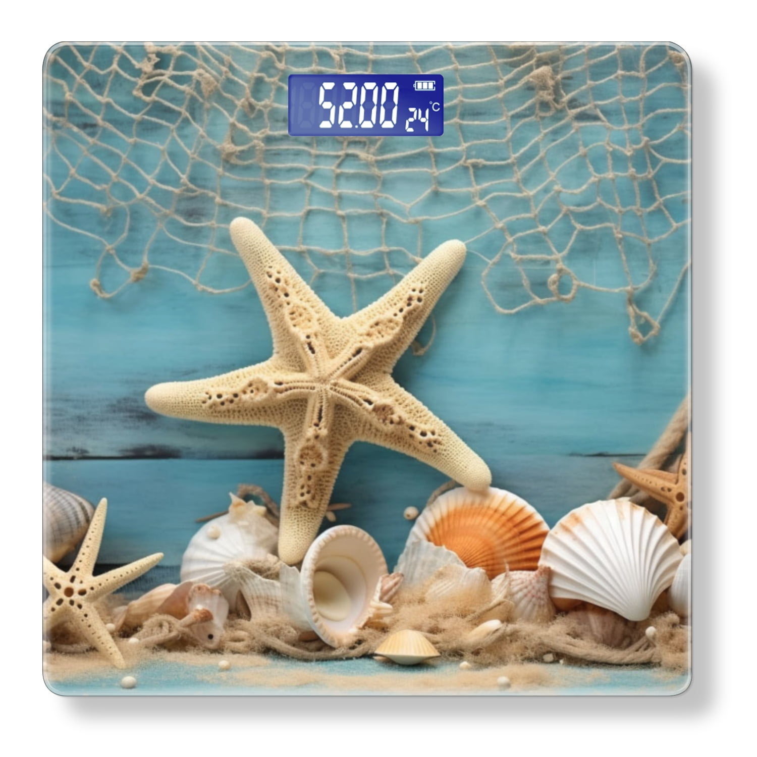 High Precision Body Weight Scale Smart Bathroom Scales with Large LCD Display(400lbs),Decorative for Bedroom-Starfish, And Fishing Nets On Blue Wooden Background