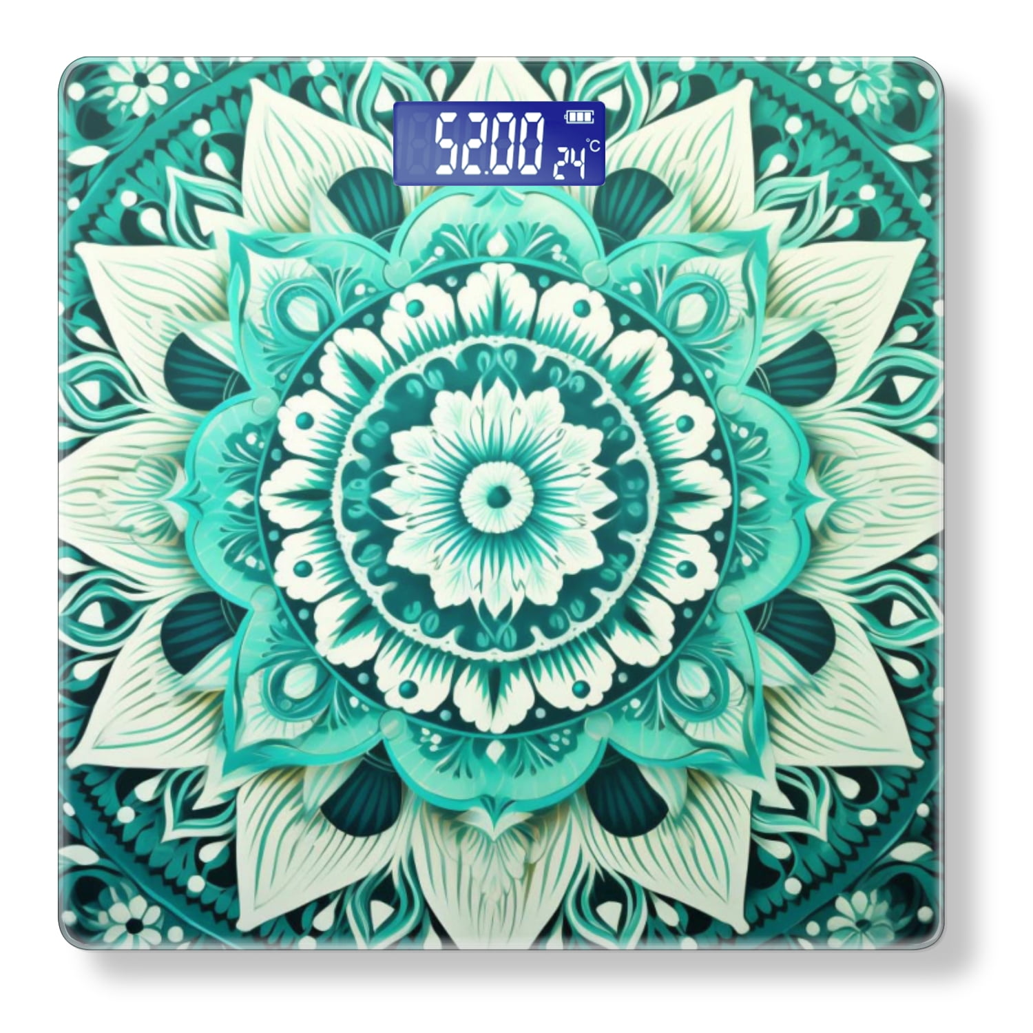 High Precision Body Weight Scale Smart Bathroom Scales with Large LCD Display(400lbs),Decorative for Bedroom-Teal And White Mandala With Intricate Patterns
