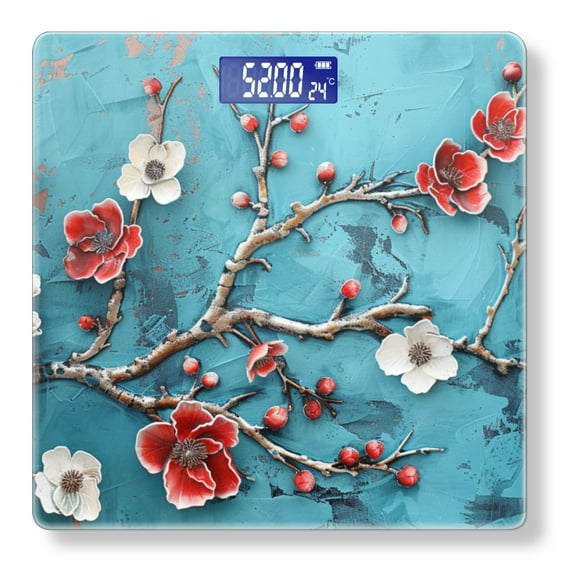 High Precision Body Weight Scale Smart Bathroom Scales with Large LCD Display(400lbs),Decorative for Bedroom-Textured Painting Of Red And White Flowers On Turquoise Background