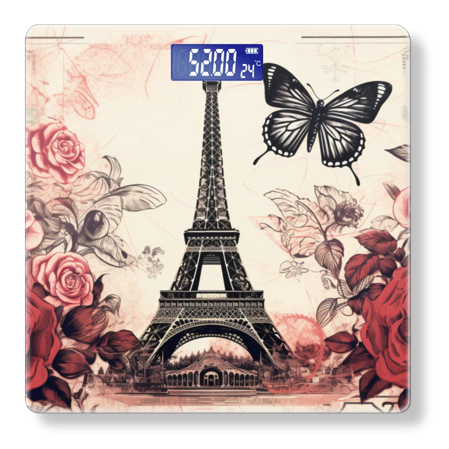 High Precision Body Weight Scale Smart Bathroom Scales with Large LCD Display(400lbs),Decorative for Bedroom-The Eiffel Tower Surrounded By Red Roses And Butterflies