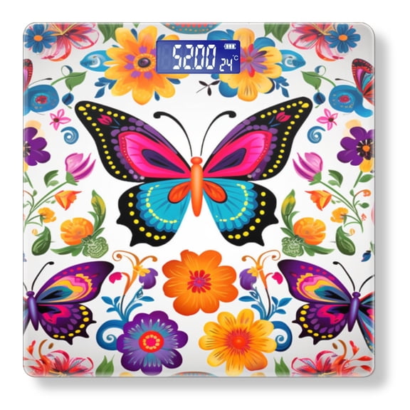 High Precision Body Weight Scale Smart Bathroom Scales with Large LCD Display(400lbs),Decorative for Bedroom-Vibrant And Colorful Pattern Featuring Butterflies, Flowers And Leaves