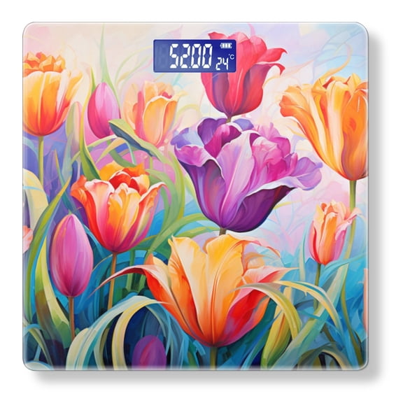 High Precision Body Weight Scale Smart Bathroom Scales with Large LCD Display(400lbs),Decorative for Bedroom-Vibrant Painting Of Tulips In Full Bloom With Colors