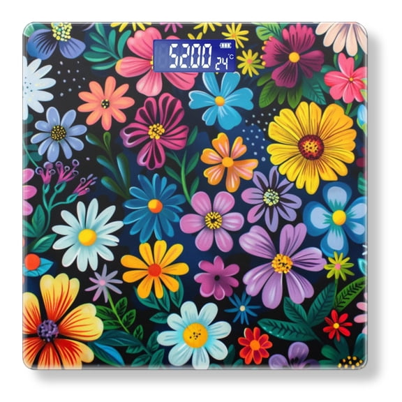 High Precision Body Weight Scale Smart Bathroom Scales with Large LCD Display(400lbs),Decorative for Bedroom-Vibrant Pattern Of Colorful Flowers On Black Background