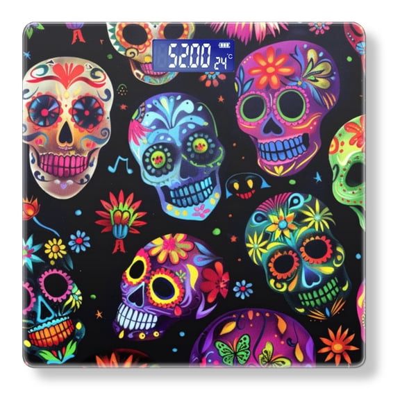 High Precision Body Weight Scale Smart Bathroom Scales with Large LCD Display(400lbs),Decorative for Bedroom-Vibrant Pattern Of Colorful Skulls With Intricate Designs