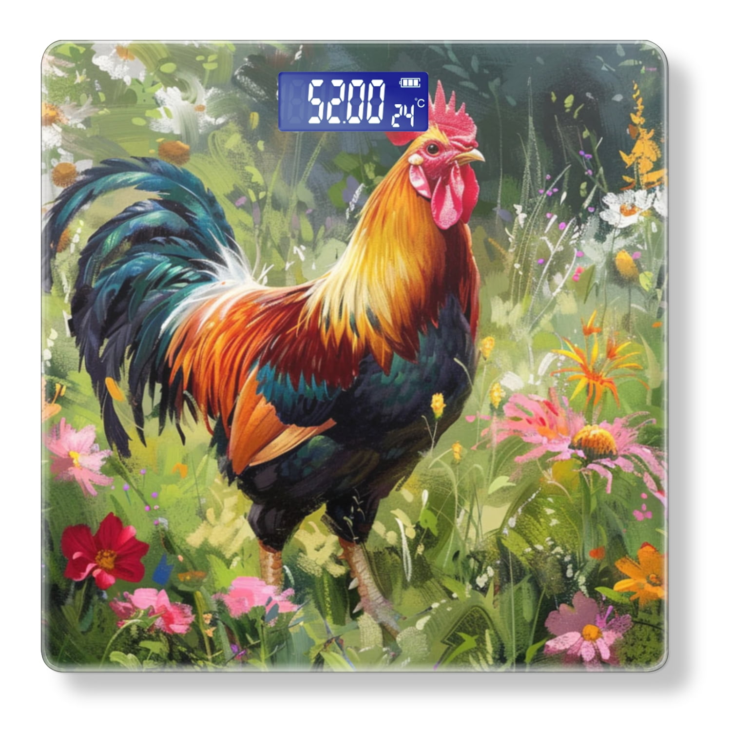 High Precision Body Weight Scale Smart Bathroom Scales with Large LCD Display(400lbs),Decorative for Bedroom-Vibrant Rooster Stands Amidst Blooming Wildflowers