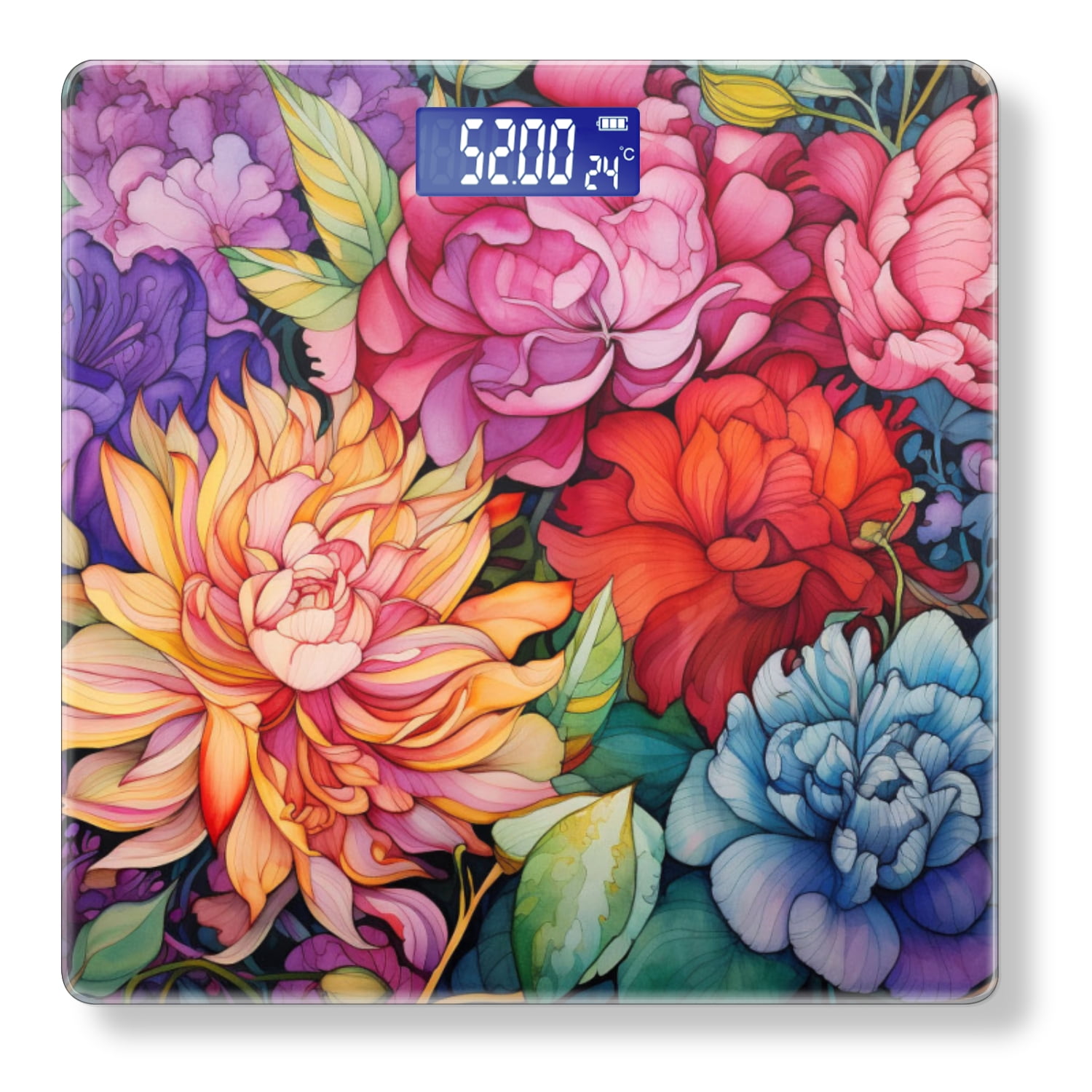 High Precision Body Weight Scale Smart Bathroom Scales with Large LCD Display(400lbs),Decorative for Bedroom-Vibrant Watercolor Painting Of Array Of Blooming Flowers