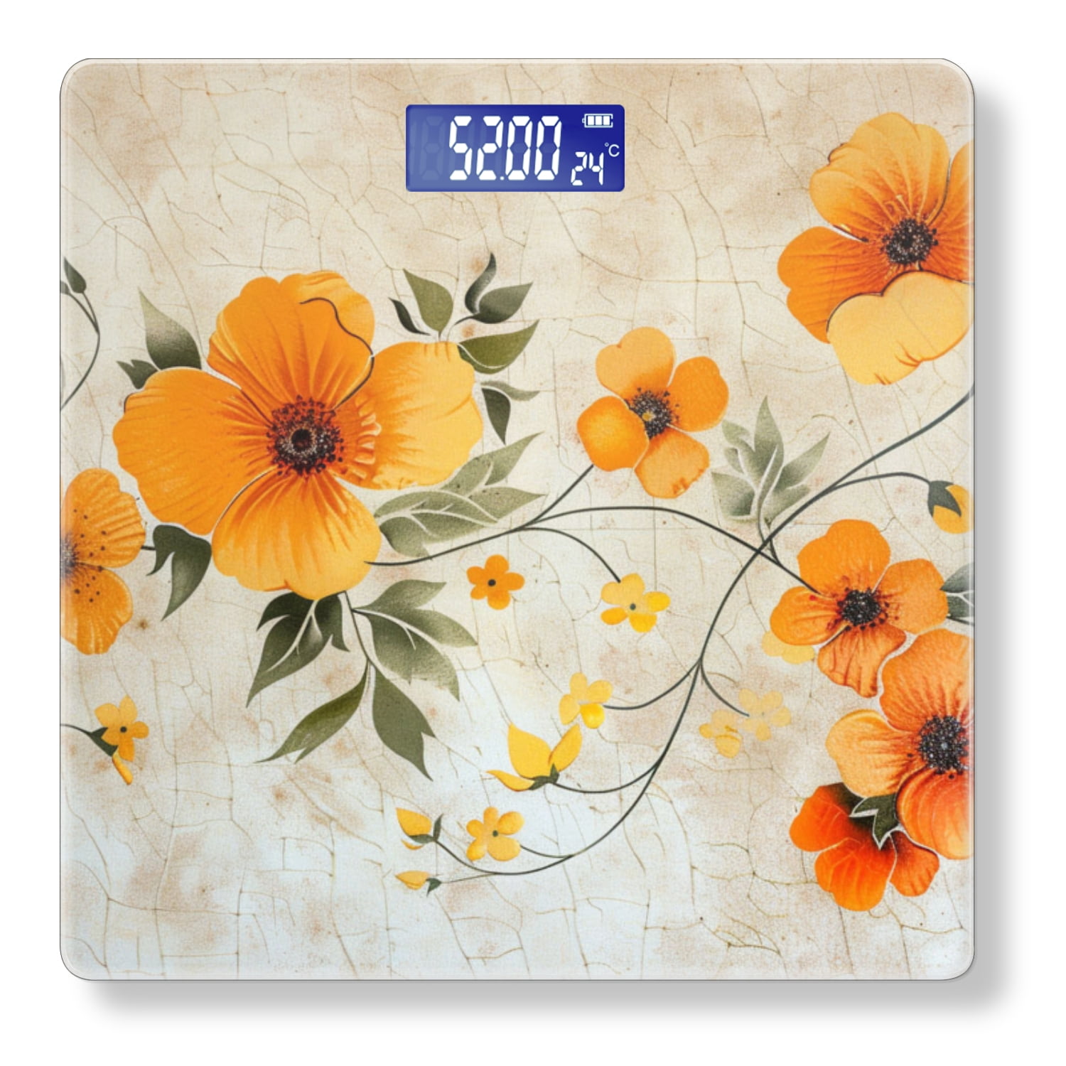 High Precision Body Weight Scale Smart Bathroom Scales with Large LCD Display(400lbs),Decorative for Bedroom-Vintage Orange Floral Painted On Cracked Surface