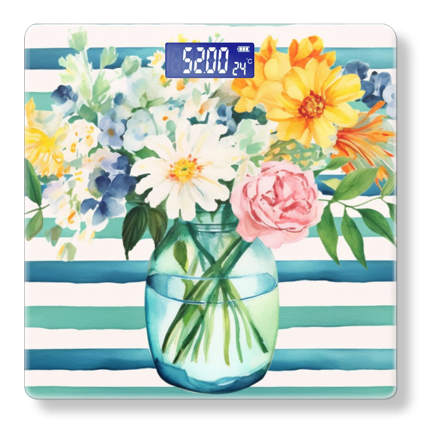 High Precision Body Weight Scale Smart Bathroom Scales with Large LCD Display(400lbs),Decorative for Bedroom-Watercolor Flowers On Blue And White Stripes Background