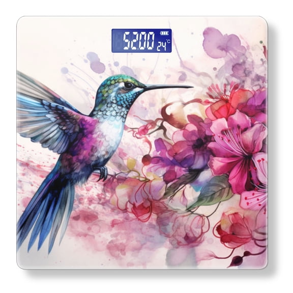 Bathroom Scale, Highly Accurate Digital Body Scale,Precisely Measures Weight up to 400 lbs-Watercolor Hummingbird And Flowers In Pink And Blue