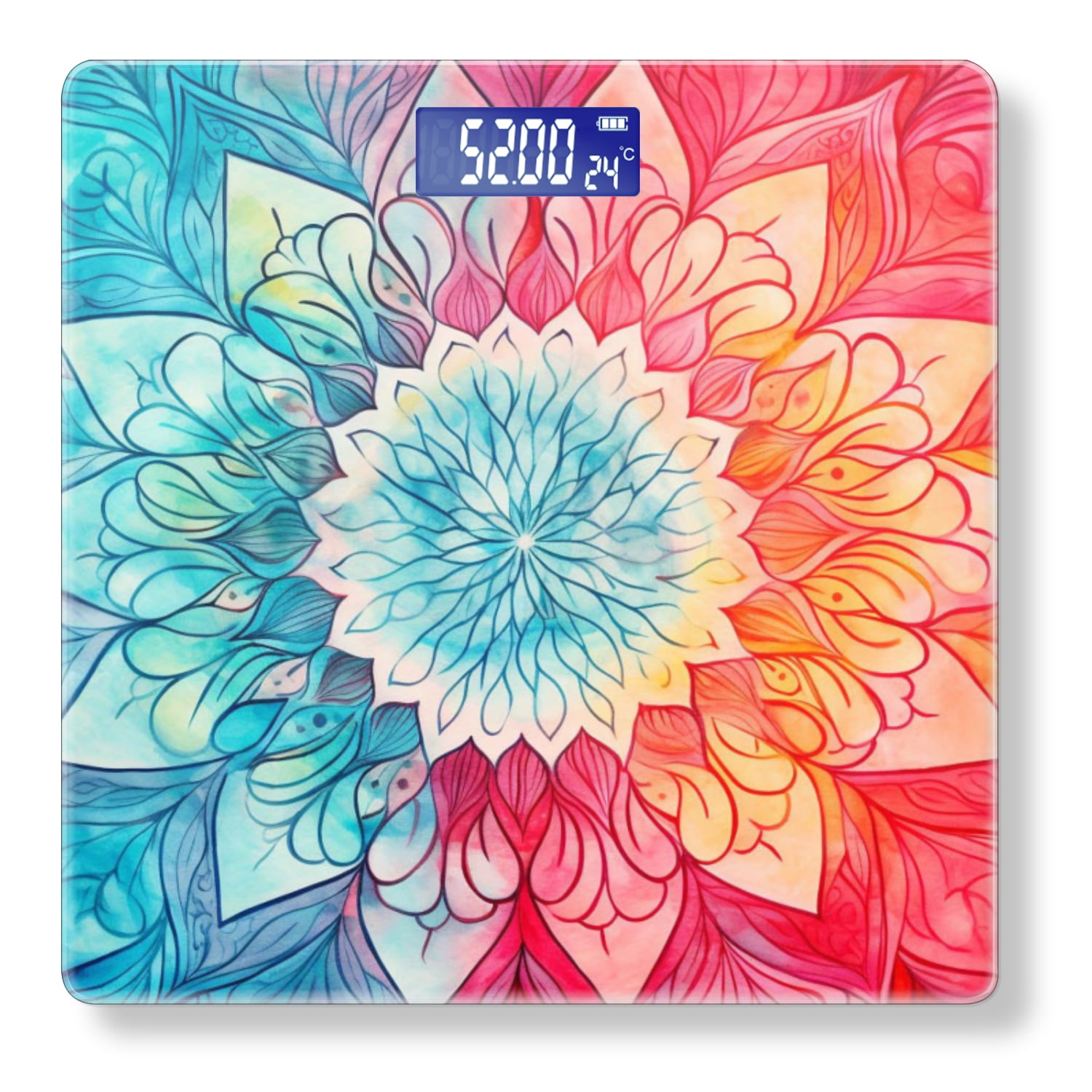 High Precision Body Weight Scale Smart Bathroom Scales with Large LCD Display(400lbs),Decorative for Bedroom-Watercolor Mandala Blue And Red Color Palette