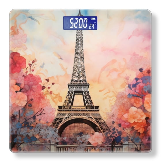 High Precision Body Weight Scale Smart Bathroom Scales with Large LCD Display(400lbs),Decorative for Bedroom-Watercolor Painting Of The Eiffel Tower Surrounded By Blooming Flowers