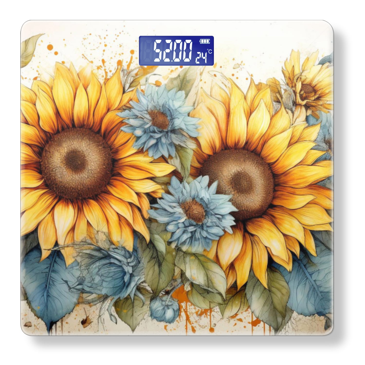 High Precision Body Weight Scale Smart Bathroom Scales with Large LCD Display(400lbs),Decorative for Bedroom-Watercolor Painting Of Sunflowers And Blue Flowers