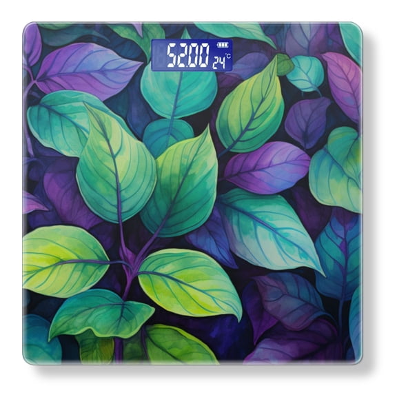 High Precision Body Weight Scale Smart Bathroom Scales with Large LCD Display(400lbs),Decorative for Bedroom-Watercolor Painting Of Vibrant Green And Purple Leaves