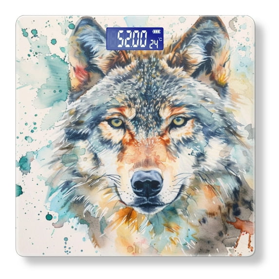 High Precision Body Weight Scale Smart Bathroom Scales with Large LCD Display(400lbs),Decorative for Bedroom-Watercolor Wolf Face On White Background Splashes Of Color Around The Edges