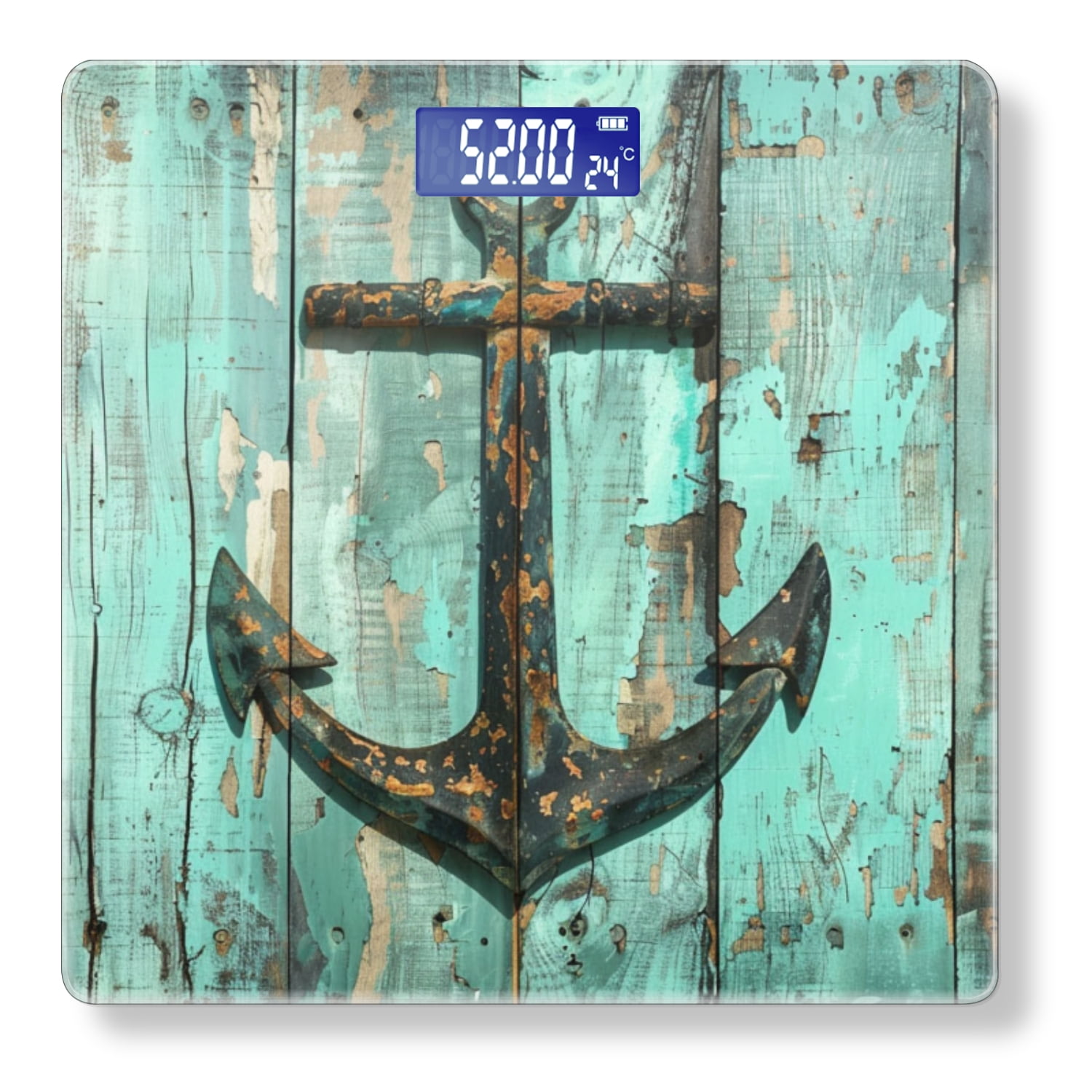 High Precision Body Weight Scale Smart Bathroom Scales with Large LCD Display(400lbs),Decorative for Bedroom-Weathered Teal Wooden Wall With Rusty Anchor
