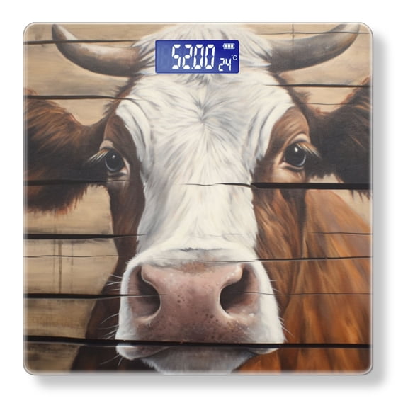 Bathroom Scale, Highly Accurate Digital Body Scale,Precisely Measures Weight up to 400 lbs-White And Brown Cow Was Painted On The Board
