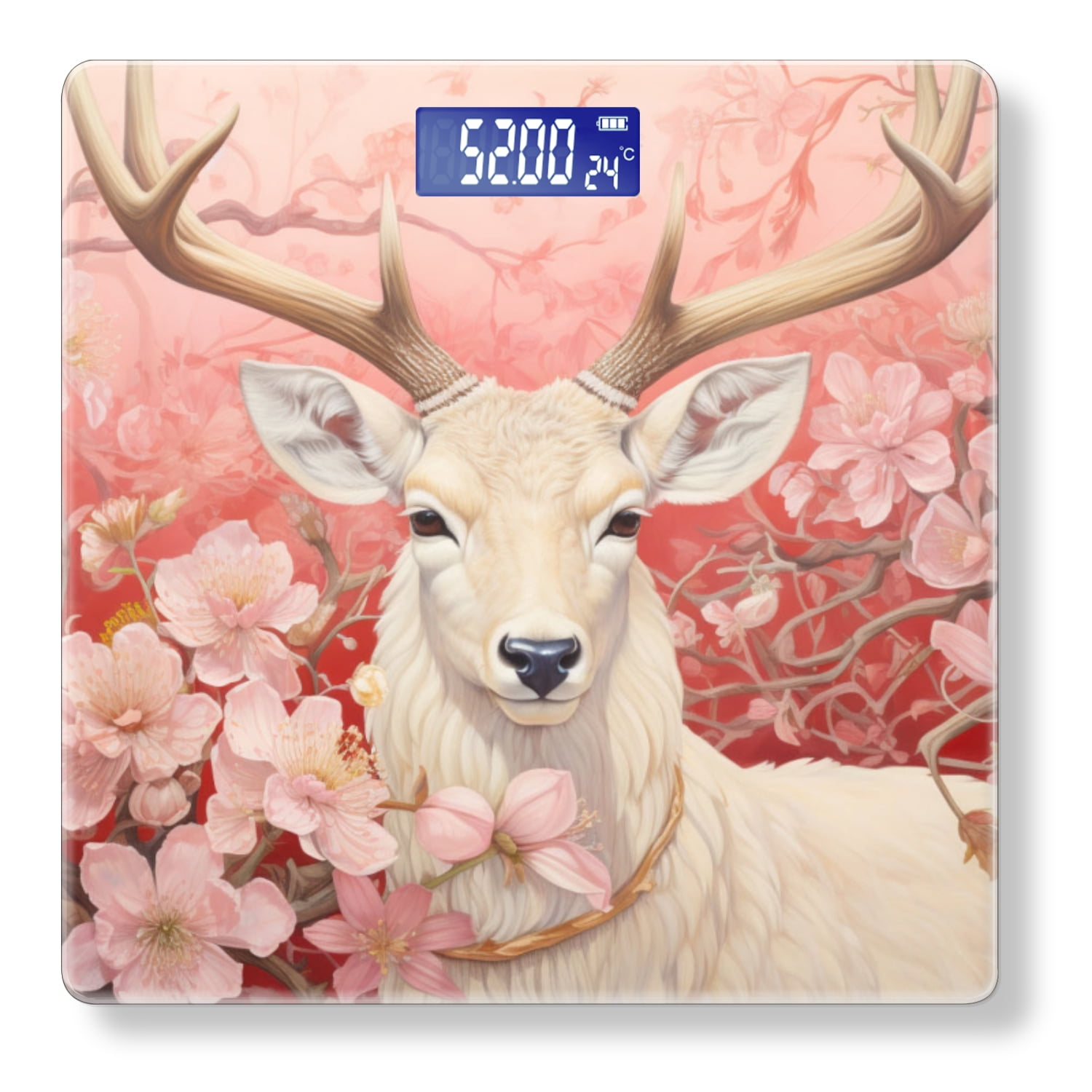 High Precision Body Weight Scale Smart Bathroom Scales with Large LCD Display(400lbs),Decorative for Bedroom-White Deer With Antlers Surrounded By Pink Flowers