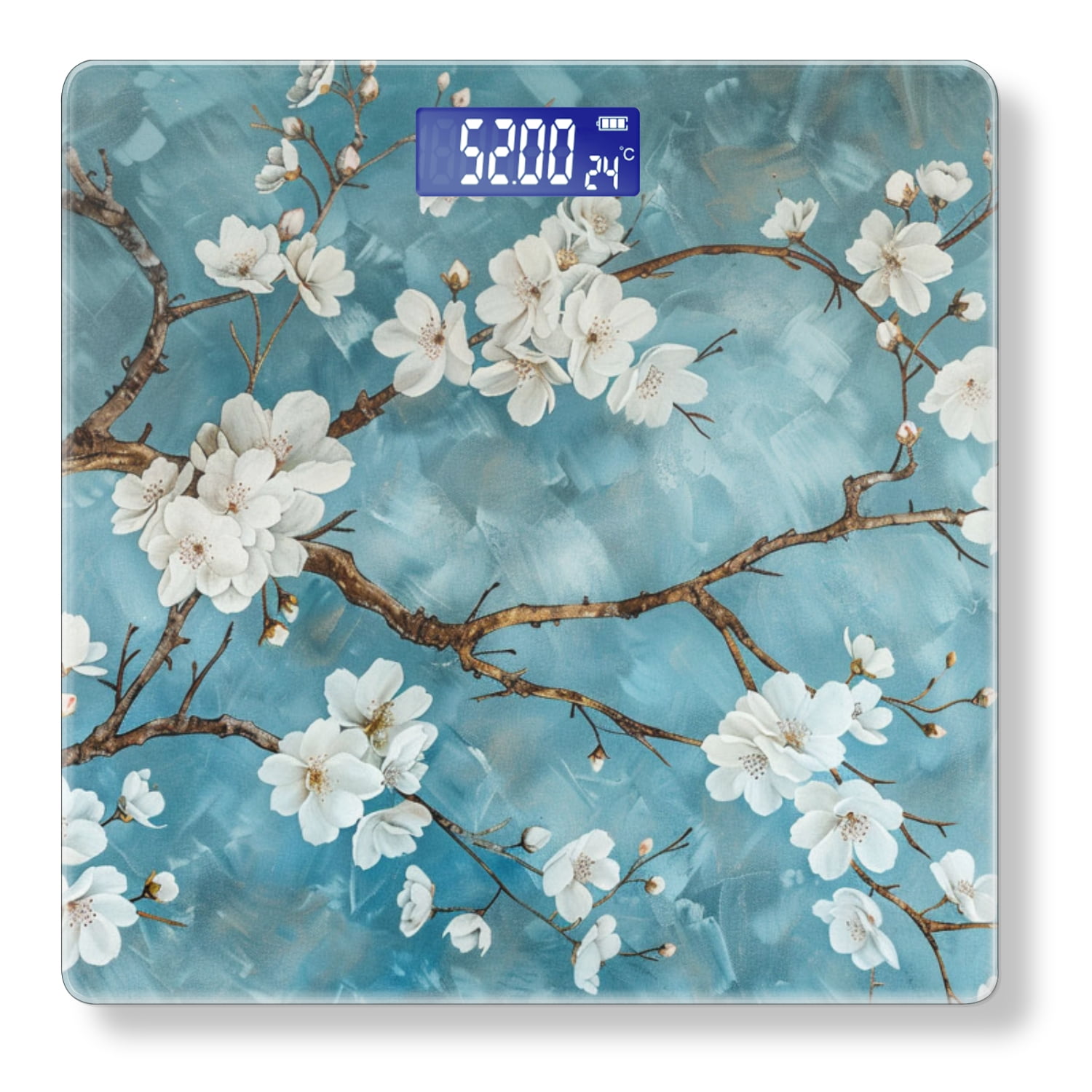 Bathroom Scale, Highly Accurate Digital Body Scale,Precisely Measures Weight up to 400 lbs-White Flowers On Blue Background Cherry Blossoms