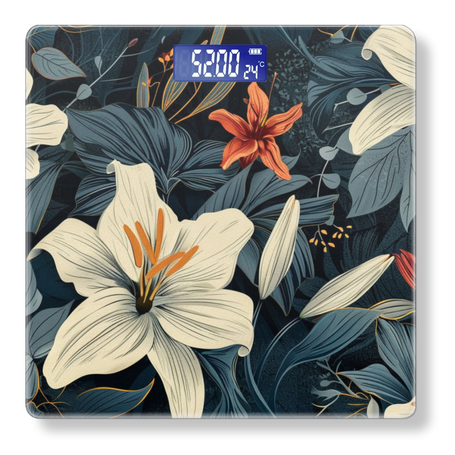 High Precision Body Weight Scale Smart Bathroom Scales with Large LCD Display(400lbs),Decorative for Bedroom-White Lilies And Dark Navy Blue Leaves With Dark Orange Accents