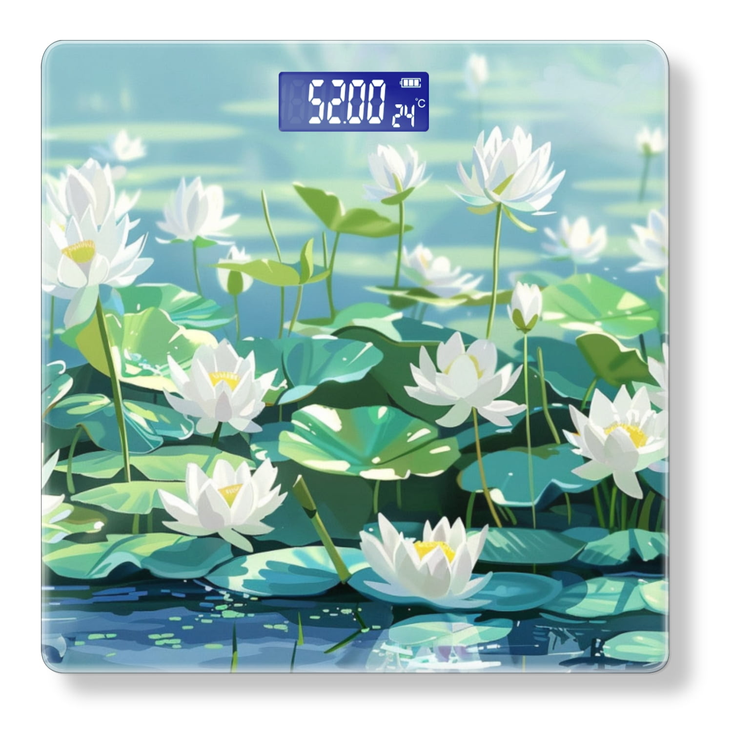 High Precision Body Weight Scale Smart Bathroom Scales with Large LCD Display(400lbs),Decorative for Bedroom-White Lotus Flowers And Green Leaves On The Water Surface