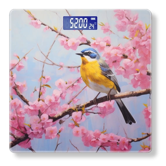 High Precision Body Weight Scale Smart Bathroom Scales with Large LCD Display(400lbs),Decorative for Bedroom-Yellow And Blue Bird Sitting On Cherry Blossom Tree