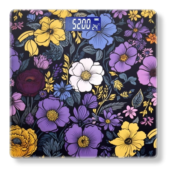 High Precision Body Weight Scale Smart Bathroom Scales with Large LCD Display(400lbs),Decorative for Bedroom-Yellow And Blue Flowers On Black Background