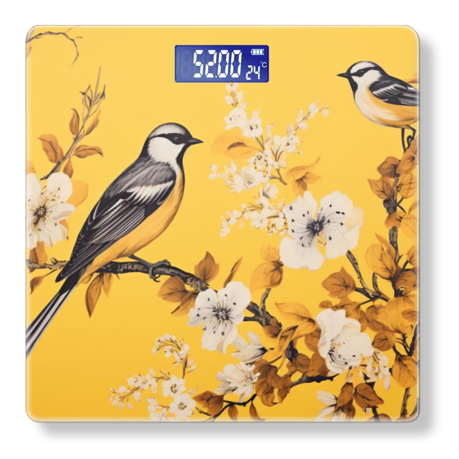 High Precision Body Weight Scale Smart Bathroom Scales with Large LCD Display(400lbs),Decorative for Bedroom-Birds And Flowers On Yellow Background