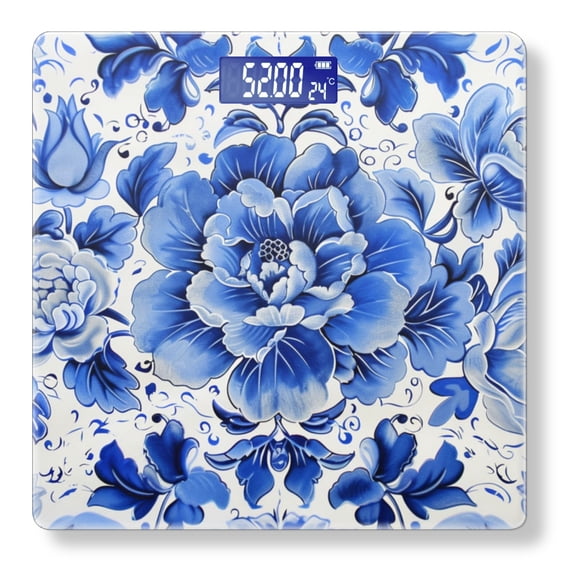 High Precision Body Weight Scale Smart Bathroom Scales with Large LCD Display(400lbs),Decorative for Bedroom-Blue And White Pattern With Peonies