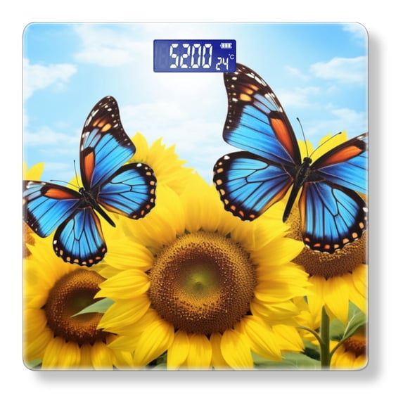High Precision Body Weight Scale Smart Bathroom Scales with Large LCD Display(400lbs),Decorative for Bedroom-Blue Butterflies With Sunflowers
