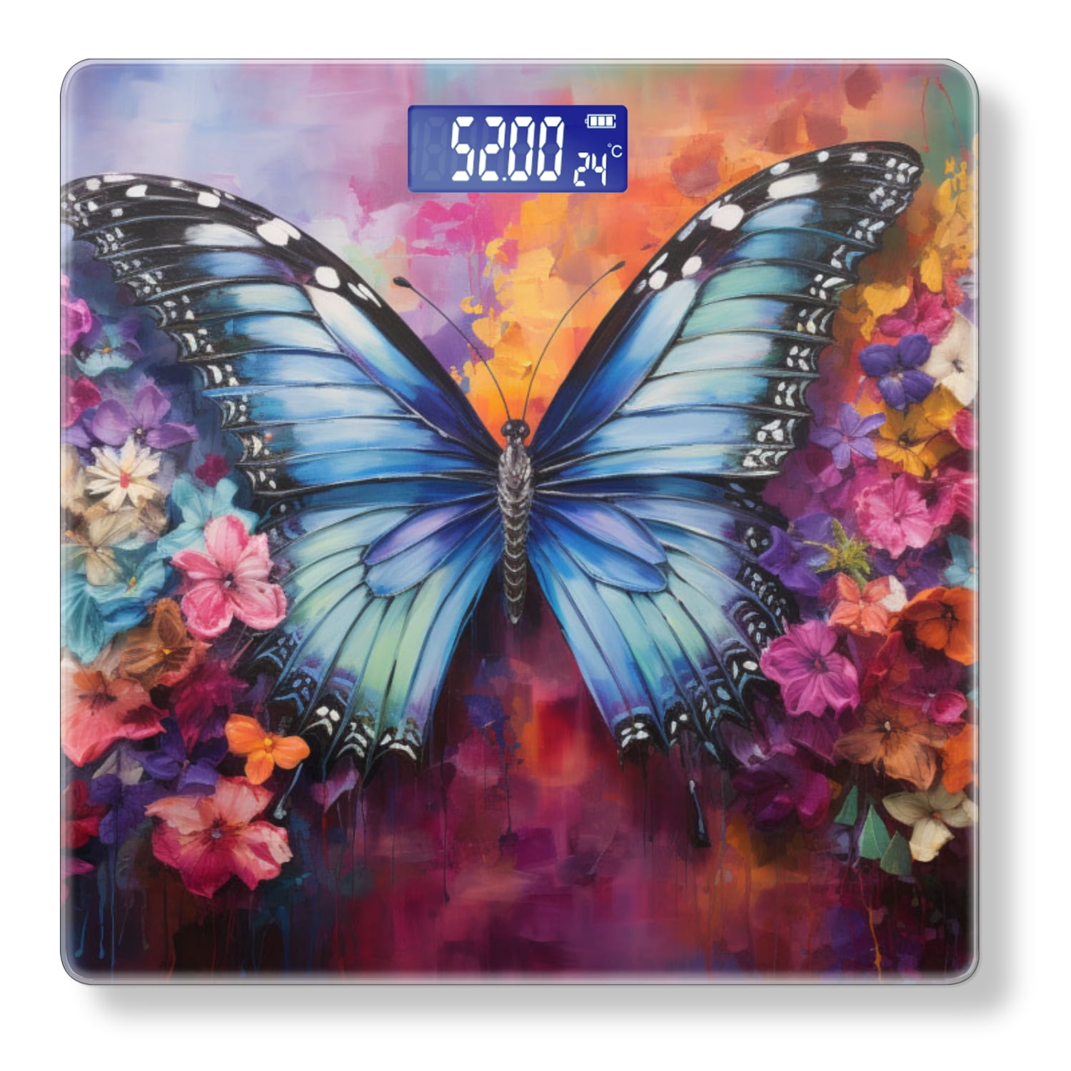 High Precision Body Weight Scale Smart Bathroom Scales with Large LCD Display(400lbs),Decorative for Bedroom-Blue Butterfly Surrounded By Flowers