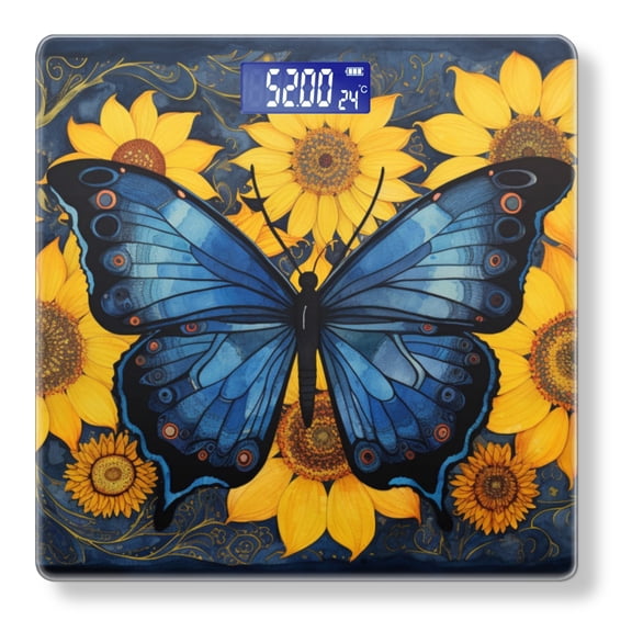 High Precision Body Weight Scale Smart Bathroom Scales with Large LCD Display(400lbs),Decorative for Bedroom-Blue Butterfly Surrounded By Sunflowers