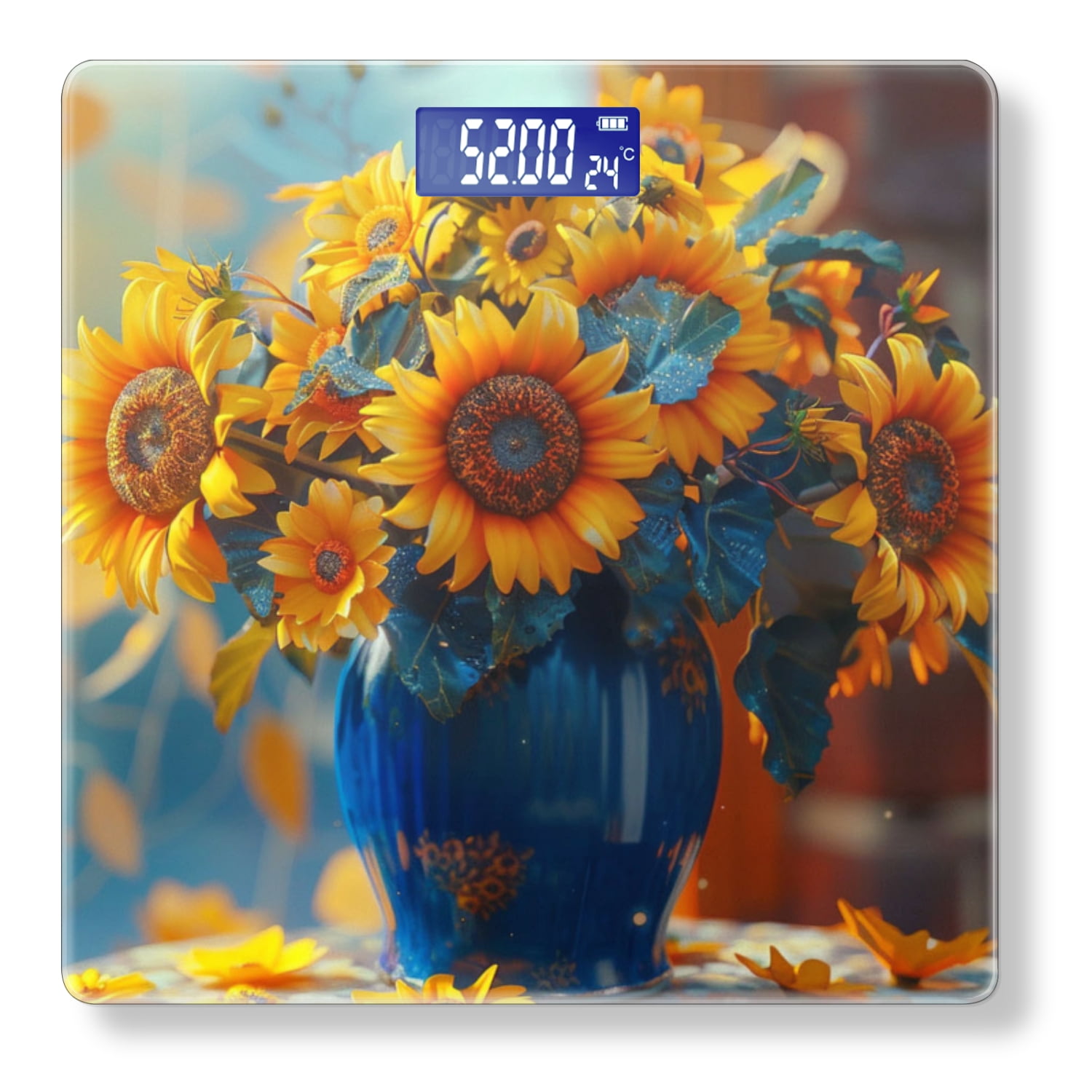 High Precision Body Weight Scale Smart Bathroom Scales with Large LCD Display(400lbs),Decorative for Bedroom-Blue Vase With Yellow Sunflowers